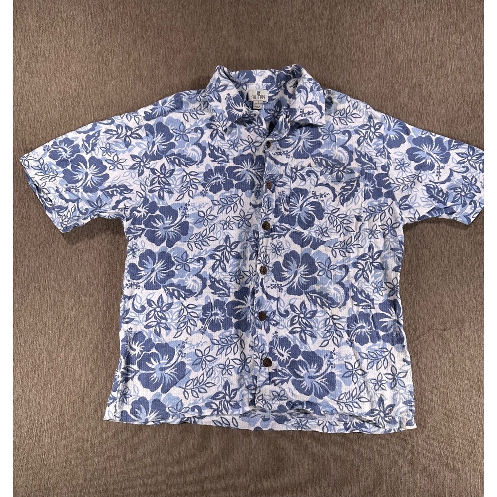 Solitude Mens Blue White Hibiscus Floral Cotton Short Sleeve Button Down Shirt M